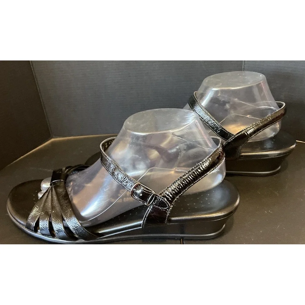 SAS Womens 11 Sanibel Wedge Sandals Black Patent Leather Bow Slingback USA Chic